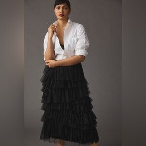 Anthropologie Black Tulle Ruffle Midi Skirt